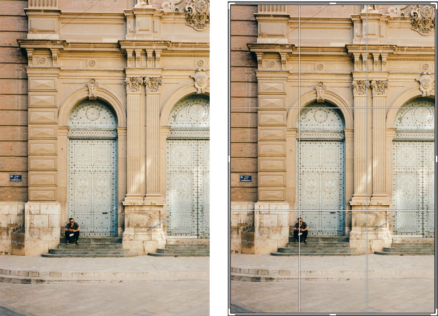 A man sits under two massive doors in Valencia. July 2022