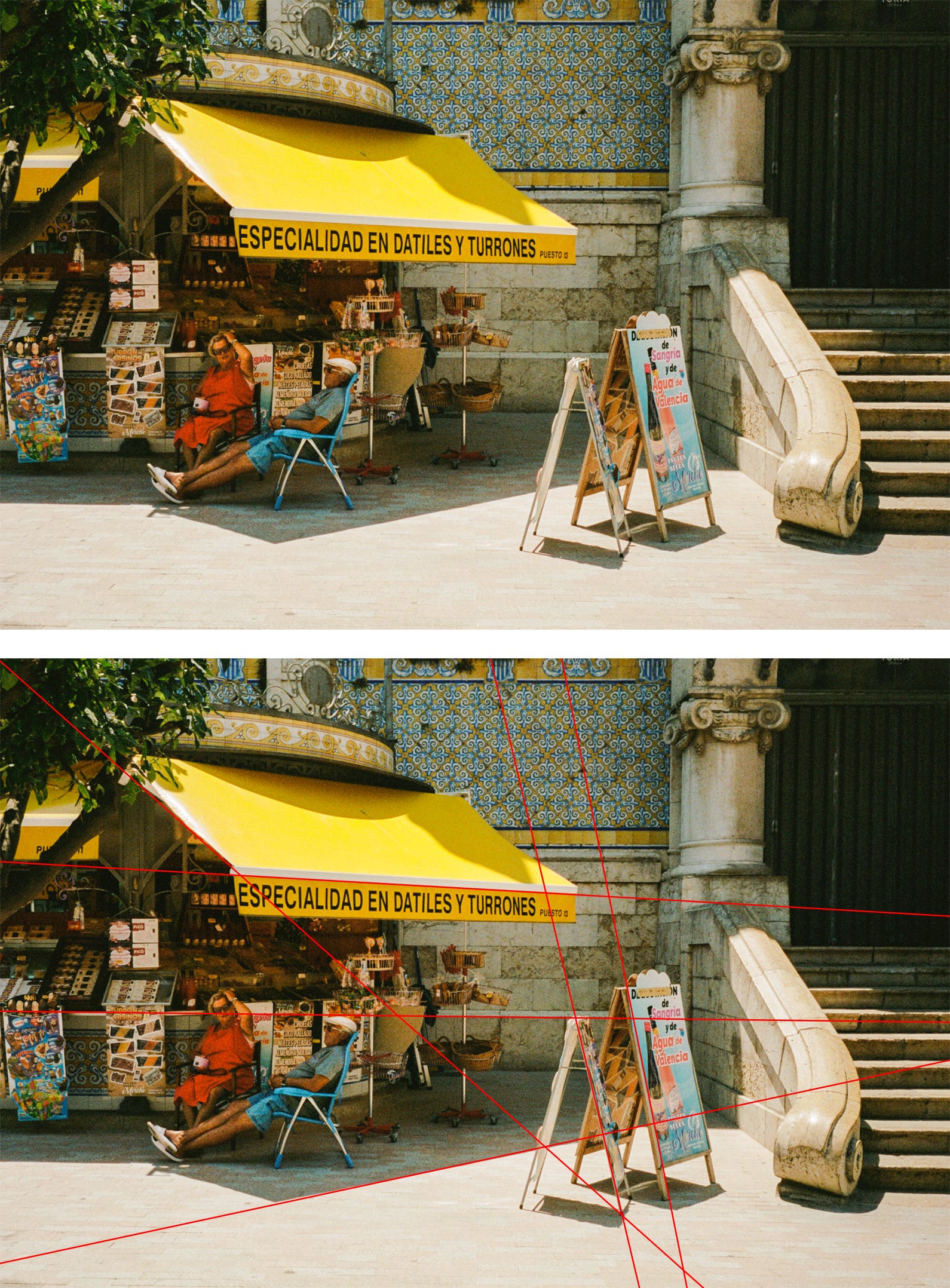 A couple sits in the shade at the market in Valencia. July 2022