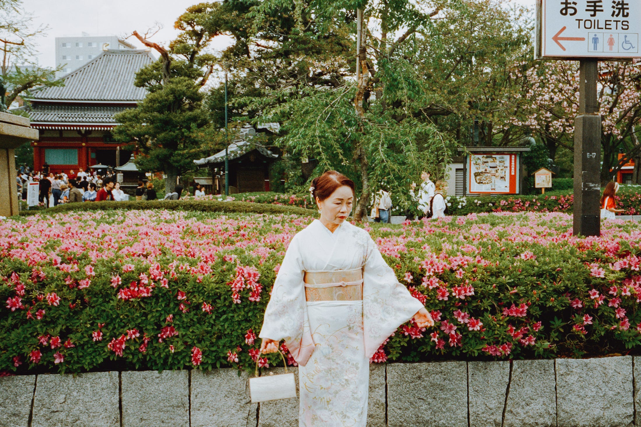 A woman in traditional dress stands among the flowers. Tokyo, 2024